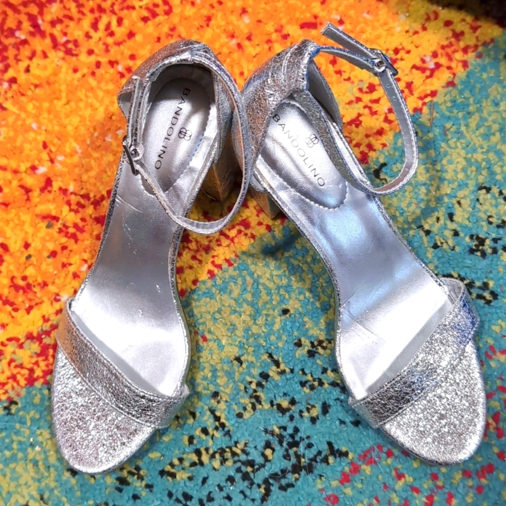 Bandolino Silver Glitter Block Heel Sandals Size 7 Ankle Strap Party Heels
